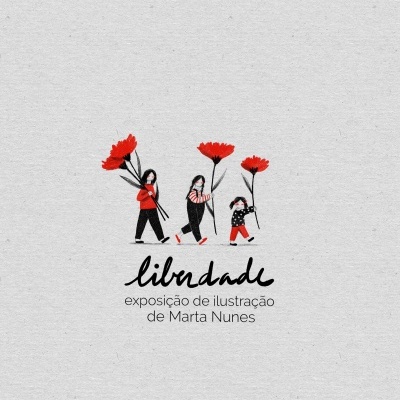 Ilustração de três pessoas a andar com flores vermelhas, texto em português sobre exposição.