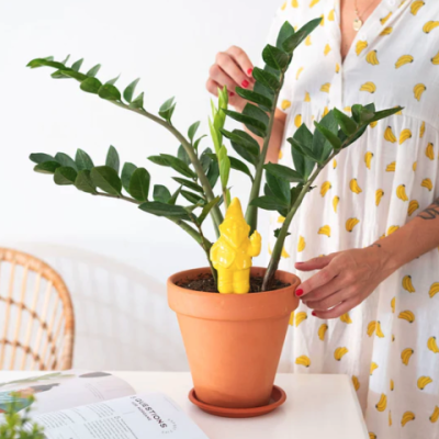 Planta em vaso de barro com figura decorativa amarela sobre mesa branca e mulher ao lado