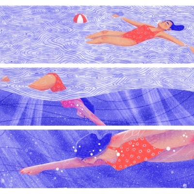 ILUSTRAÇÃO COR AZUL "IR AOS BANHOS" JOANA CUNHA