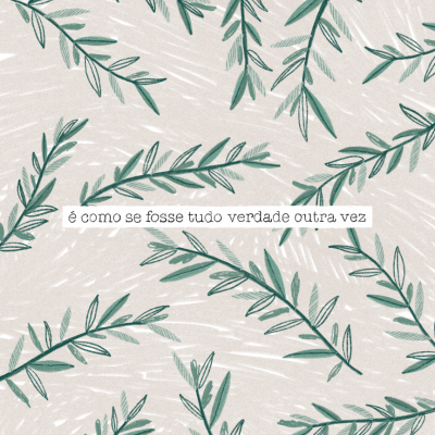 Padrão de ramos verdes com texto em português sobre fundo bege