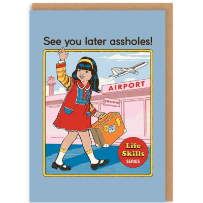 Cartão retro com menina e aeroporto, texto humorístico em inglês.