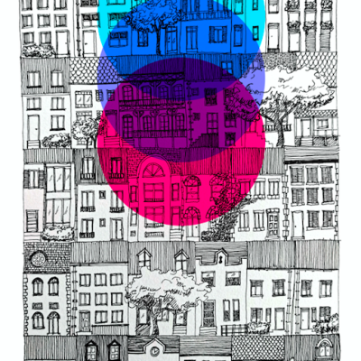 Desenho a preto e branco de edifícios com três círculos coloridos sobrepostos