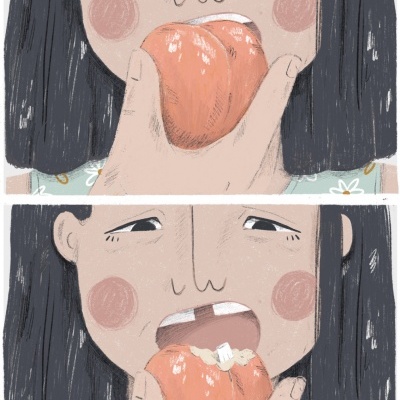 ILUSTRAÇÃO "O DENTE QUE PERDI A COMER UM PESSÊGO MADURO" SARA LOU