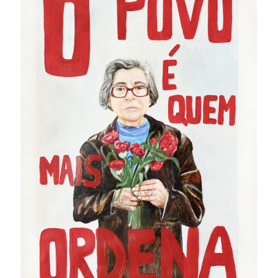 Pessoa com flores vermelhas e texto em fundo branco.