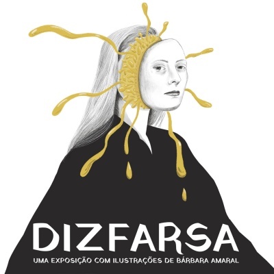 Ilustração de figura feminina com sol amarelo ao redor da cabeça e texto DIZ FARSA