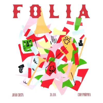 Colagem colorida com texto FOLIA e detalhes do álbum em fundo branco