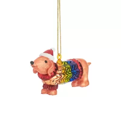 Enfeite de cão com camisola colorida e chapéu de Natal suspenso por fio dourado