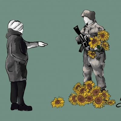 Ilustração com pessoa e estátua com girassóis em fundo verde