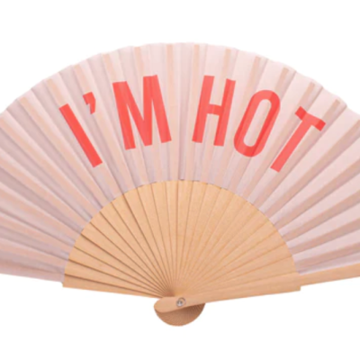 Leque rosa claro com letras vermelhas 