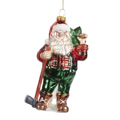 GLASS LUMBERJACK SANTA ORN RD 16CM