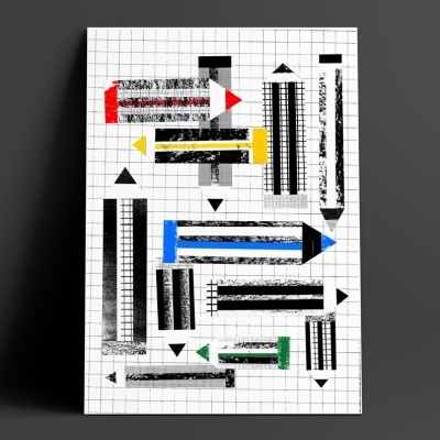 Pôster com setas coloridas geométricas numa grelha quadriculada