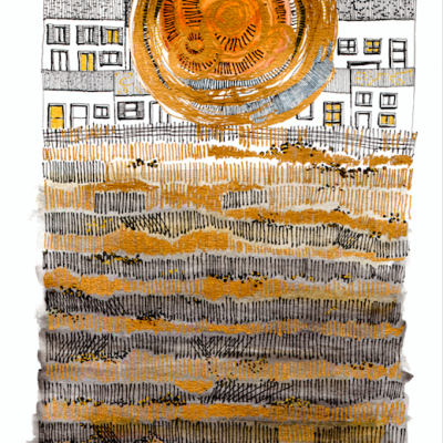 Ilustração abstrata com padrões em amarelo, cinza e preto e um edifício ao fundo