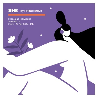 Imagem gráfica de figura feminina abstrata em branco e preto com texto sobre exposição