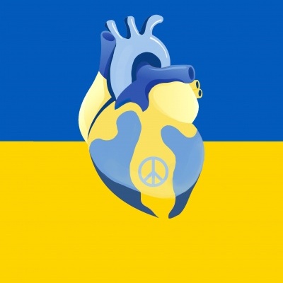 Ilustração colorida de coração humano com símbolo de paz e fundo azul e amarelo