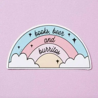 BOOKS, BEER AND BURRITOS VINYL LAPTOP STICKER PUNKY PINS