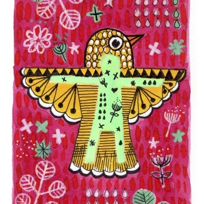 ILUSTRAÇÃO "PÁSSARO AMARELO SOBRE ROSA" JOANA NOBREGA