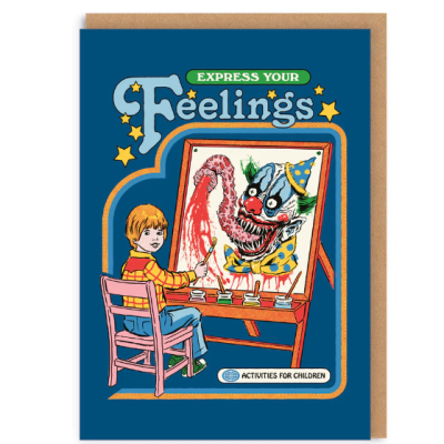 Cartão ilustrado com criança pintando palhaço assustador, texto EXPRESS YOUR Feelings.