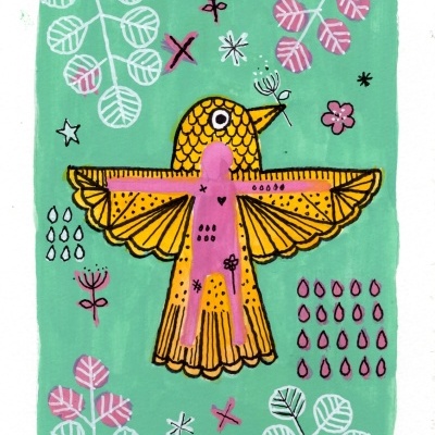 ORIGINAL "PASSARO AMARELO SOBRE VERDE" JOANA NOBREGA