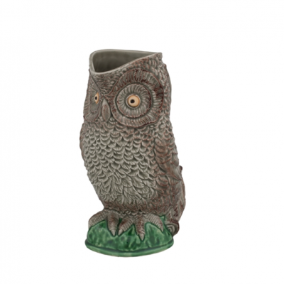 Vaso cerâmico em forma de coruja castanha com base verde