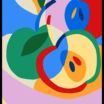 Ilustração digital colorida de dois pêssegos abstratos em formas e cores vibrantes.