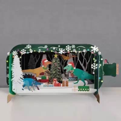 POSTAL DE NATAL POP-UP "MESSAGE IN A BOTTLE - XMAS DINOSAURS" ALLJOY DESIGN