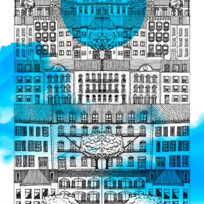 Desenho em preto e branco de edifícios e árvores com detalhes em azul.