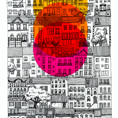Desenho a preto e branco de fachadas de edifícios com três círculos coloridos translúcidos sobrepostos