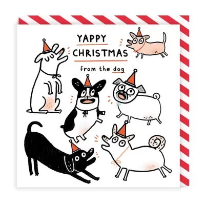 Cartão de Natal com cães desenhados e texto YAPPY CHRISTMAS from the dog