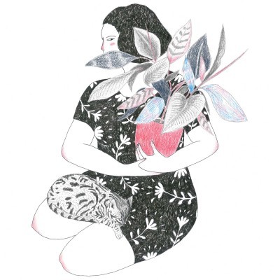 ILUSTRAÇÃO "GIRL WITH A PLANT AND A CAT" BÁRBARA AMARAL