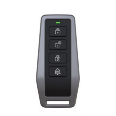 Comando remoto preto com quatro botões e estrutura prateada