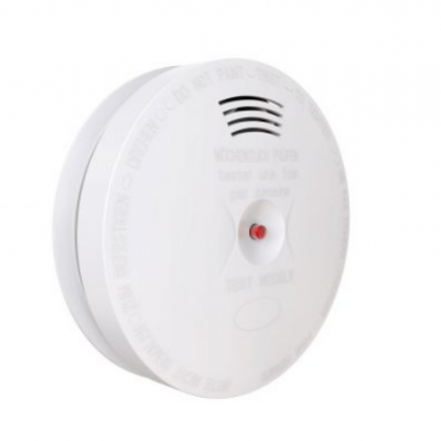 Detector de fumo branco redondo com luz vermelha