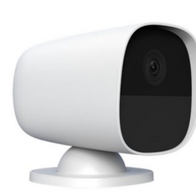 Câmara de vigilância exterior branca com lente preta