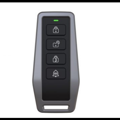 Controlo remoto cinza e preto com quatro botões e ícones de cadeado e campainha