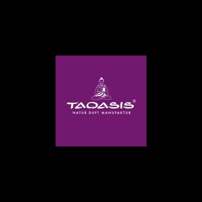 Logótipo TAOASIS com pessoa em meditação e texto NATUR DUFT MANUFAKTUR em fundo roxo