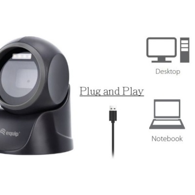 Leitor de código de barras preto com base e ícones de dispositivos compatíveis