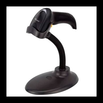 Leitor de código de barras preto com suporte flexível em base ovalada