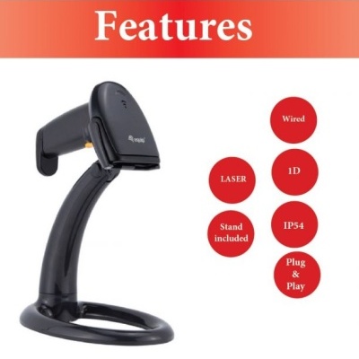 Leitor de código de barras laser 1D preto com suporte, texto de características em fundo branco e vermelho