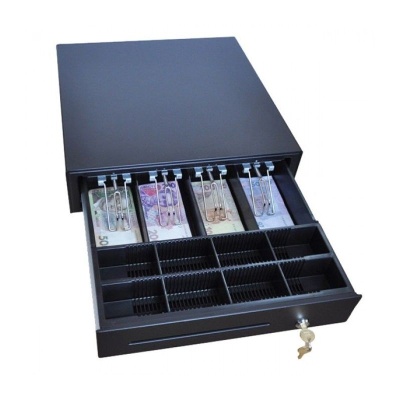 Gaveta de caixa registradora metálica preta com compartimentos para notas e moedas