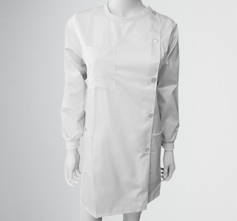 Bata de botões ao lado Unisexo - Punho de malha Bata branca de manga comprida com botões frontais e bolsos grandes