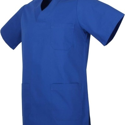 Blusa médica azul com bolsos e gola em V