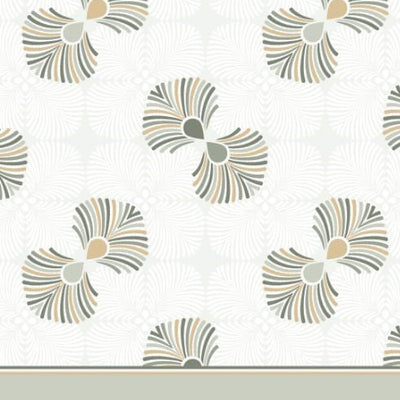 Papel de parede floral em cinza, bege e branco com faixa inferior cinza claro