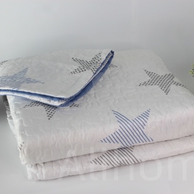 Colcha branca com estrelas azuis e cinzentas e fronha correspondente em superfície branca com planta ao lado