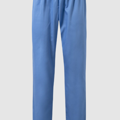 Calças azuis claras com cintura elástica sobre fundo cinzento