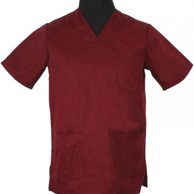 Blusa médica vermelha bordô com bolsos e decote em V