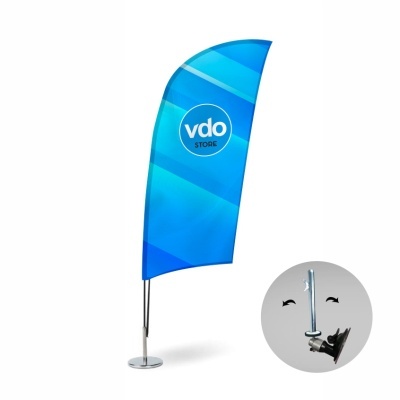 Banner azul 'vdo STORE' em suporte metálico com base redonda