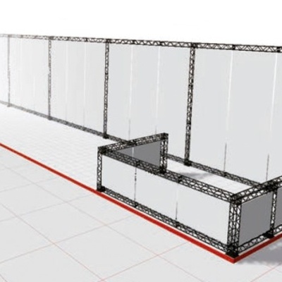 Estrutura modular metálica preta com painéis brancos e balcão num espaço branco.