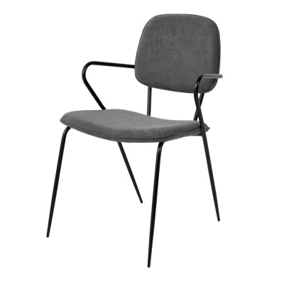 cadeira almofadada cinza escuro com estrutura metálica preta