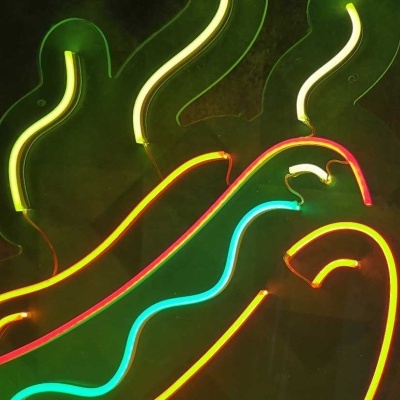 Neon em forma de cachorrinho quente colorido numa parede escura