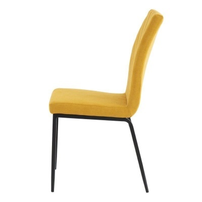 Cadeira amarela estofada com pernas pretas vista de lado