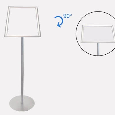 Suporte metálico prateado com moldura retangular giratória para folhetos